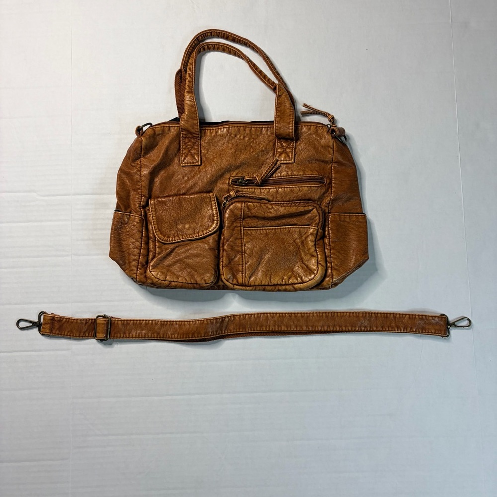 Distressed Cognac Brown Leather Satchel Bag with Crossbody Strap